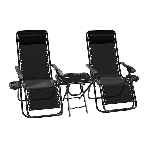 Lot de 2 Chaise longue inclinable en textilene avec table d‘appoint porte gobelet et portable noir VOUNOT Prix Choc
