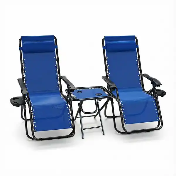 Lot de 2 Chaise longue inclinable en textilene avec table d‘appoint porte gobelet et portable bleu VOUNOT Dernière Chance