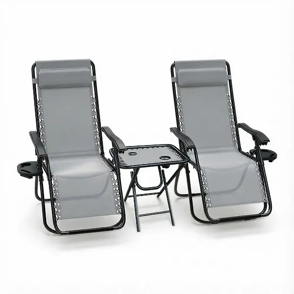 Super Prix Lot de 2 Chaise longue inclinable en textilene avec table d‘appoint porte gobelet et portable gris VOUNOT