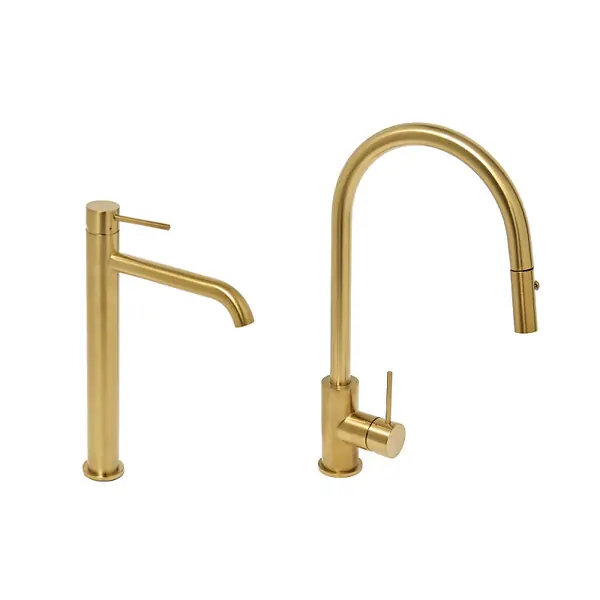 Swiss Aqua Technologies Aurum set mitigeur lavabo haut en acier inoxydable + mitigeur cuisine avec douchette extractible, or brossé (SATBA286BG) Remise