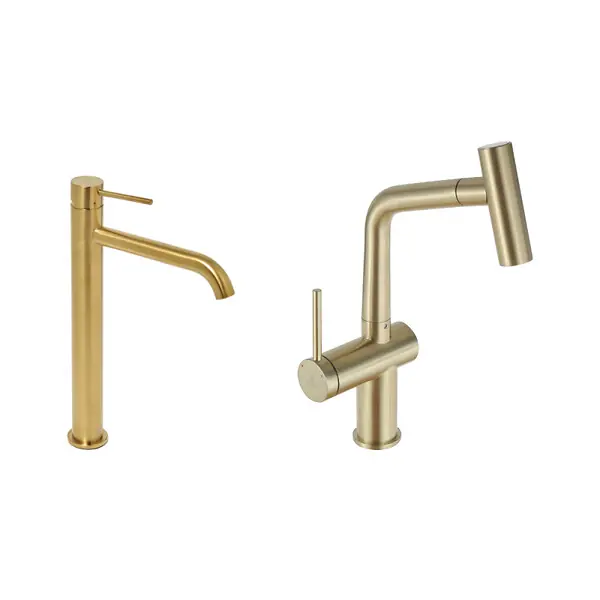 Petit Prix Aurum set mitigeur lavabo haut + mitigeur cuisine Ceramia Timeless acier inoxydable, douchette extractible, or (SATBA185BG) SWISS AQUA TECHNOLOGIES