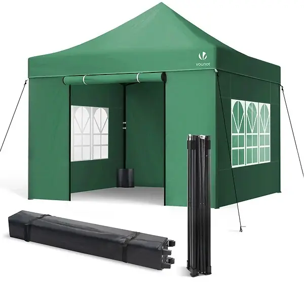 Tonnelle de jardin renforcée 3x3m pliable avec 4 parois et sac de transport a roulette verte VOUNOT Soldes