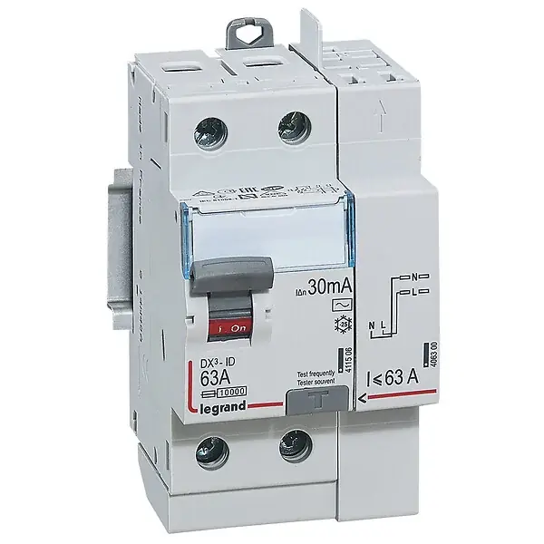 Interrupteur différentiel bipolaire AC 30mA - 63A - Gamme DX3 - 3 modules LEGRAND Commander Vite