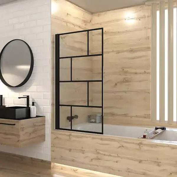 Bon Plan Pare baignoire rabattable sérigraphié 80x140 cm - Finition Noir Mat - BLOCKS SCREEN AURLANE
