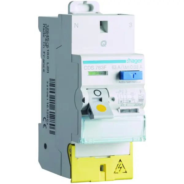 Interrupteur différentiel 2P 63A 30mA type F Bornes décalées SanVis - HAGER - CDS763F Vente Directe