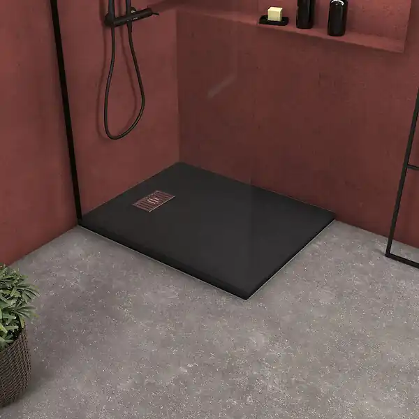 Bon Marché Receveur de douche Noir Effet Pierre 80x100 cm et Grille décor Linéaire en Inox AURLANE