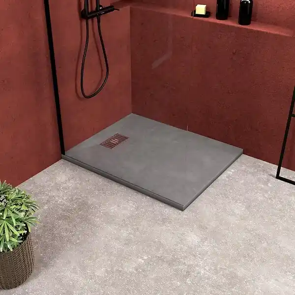 Receveur de douche Gris Effet Pierre 80x100 cm et Grille décor Linéaire en Inox AURLANE Vente Flash