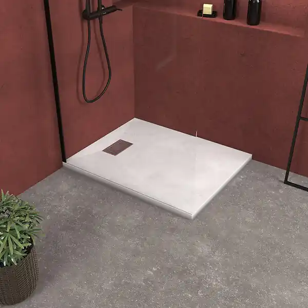 Receveur de douche Blanc Effet Pierre 80x100 cm et Grille décor Linéaire en Inox AURLANE Haute Qualité