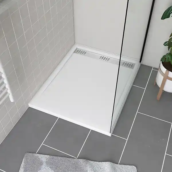 Achat Immédiat Receveur en acrylique Blanc 80x100x4 cm - Grille Linéaire Chrome - WHITENESS II AURLANE