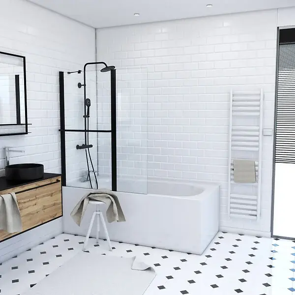 PARE BAIGNOIRE AVEC VOLET PIVOTANT 130x105cm PROFILE ALUMINIUM NOIR MAT ET VERRE TRANSPARENT AURLANE Jusqu'à Épuisement Des Stocks