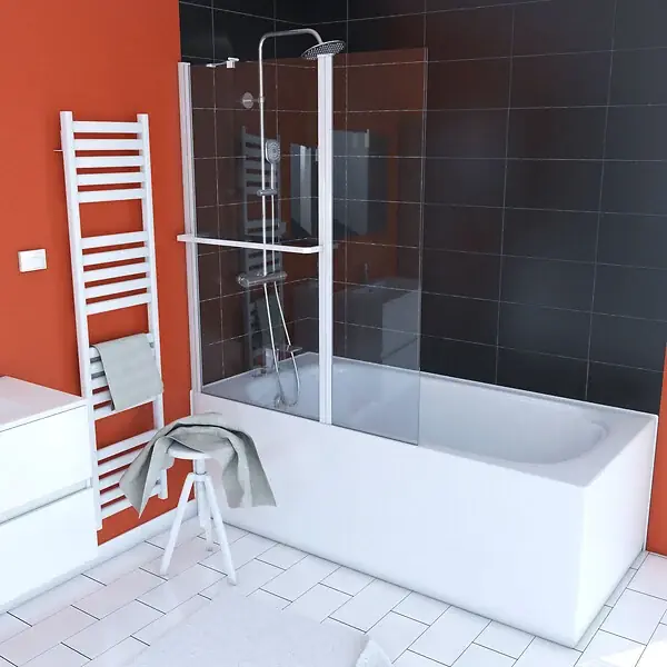 Dernière Chance PARE BAIGNOIRE AVEC VOLET PIVOTANT 130x105cm PROFILE ALUMINIUM LAQUE BLANC ET VERRE TRANSPARENT AURLANE