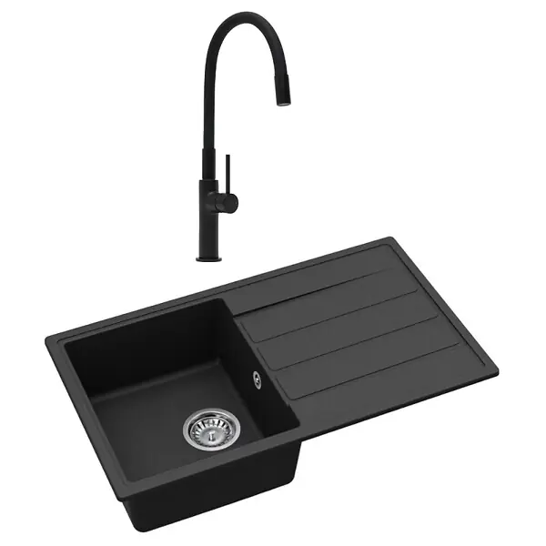 Swiss Aqua Technologies 76x44 cm évier avec égouttoir réversible en granite à encastrer + mitigeur aérateur Neoperl®, noir mat (SATSINKGE3B-SET1) Bon Plan