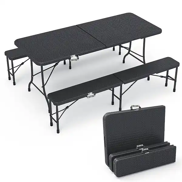 Certifié Ensemble de Table et bancs camping pliables 180cm HDPE Style Polyrotin noir VOUNOT