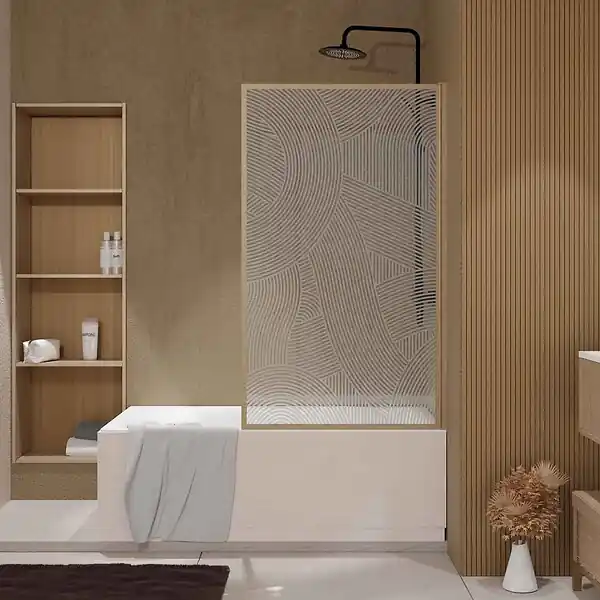 Pare baignoire pivotant 140x80 cm HINATA - style Japandi courbes douces Cadre effet bois - Verre 5mm AURLANE Vente Directe