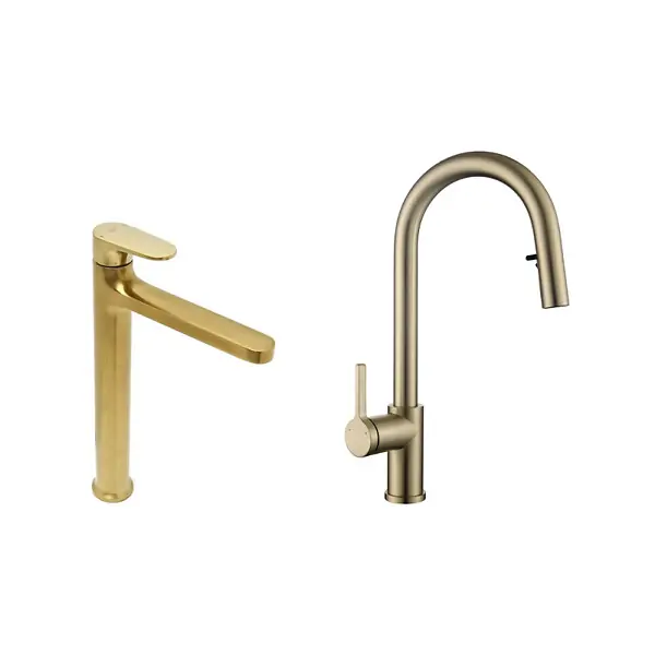 Réduction Dark set mitigeur lavabo XL + mitigeur cuisine Ceramia TImeless acier inoxydable, douchette extractible, or (SATTMLDA285BG) SWISS AQUA TECHNOLOGIES