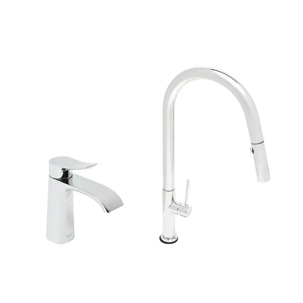 set mitigeur lavabo avec bec cascade + mitigeur cuisine, douchette extractible et bras pivotant, chrome (SATINFBSDBS271) SWISS AQUA TECHNOLOGIES Prix Choc