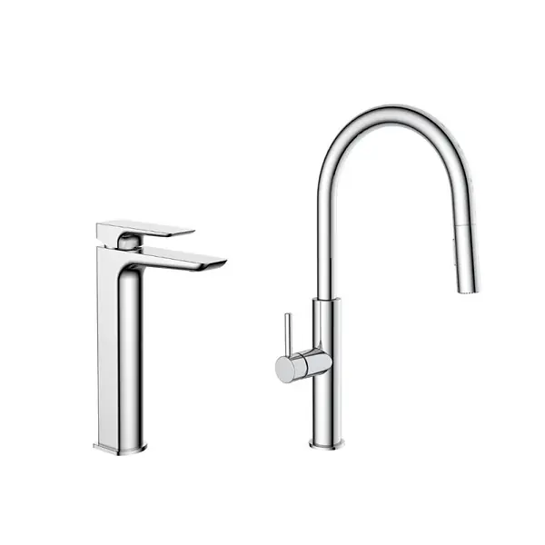 set mitigeur lavabo haut, sans vidage + mitigeur cuisine avec douchette extractible 2 jets, chrome (SATBSBD285) SWISS AQUA TECHNOLOGIES Seulement Aujourd'hui