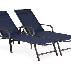 Vente Flash Lot de 2 Bains de soleil en métal avec accoudoirs "Farniente" - Bleu nuit HABITAT ET JARDIN