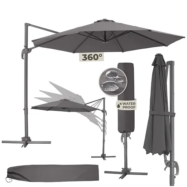 Remise Parasol DARIA 300 cm avec pied déporté et housse de protection gris TECTAKE