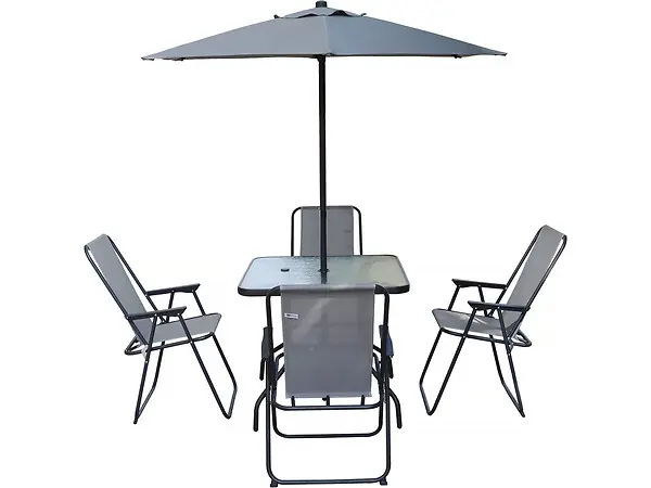 Table et chaises de jardin avec parasol en métal "Convivia" - 4 places - Gris clair HABITAT ET JARDIN Prix Réduit