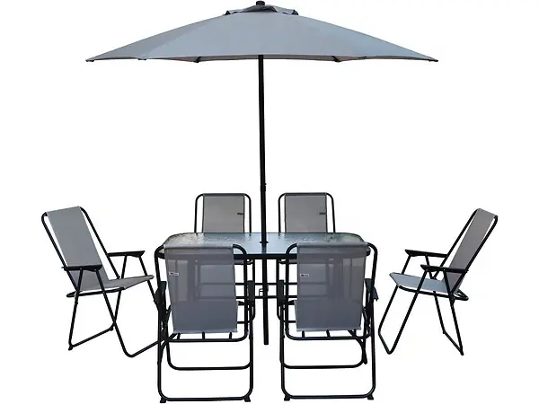 Table et chaises de jardin avec parasol en métal "Convivia" - 6 places - Gris clair HABITAT ET JARDIN Meilleur Choix