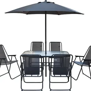 Table et chaises de jardin avec parasol en métal "Convivia" - 6 places - Gris anthracite HABITAT ET JARDIN Prix Réduit