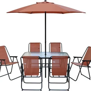 Table et chaises de jardin avec parasol en métal "Convivia" - 6 places - Terracotta Commander Maintenant