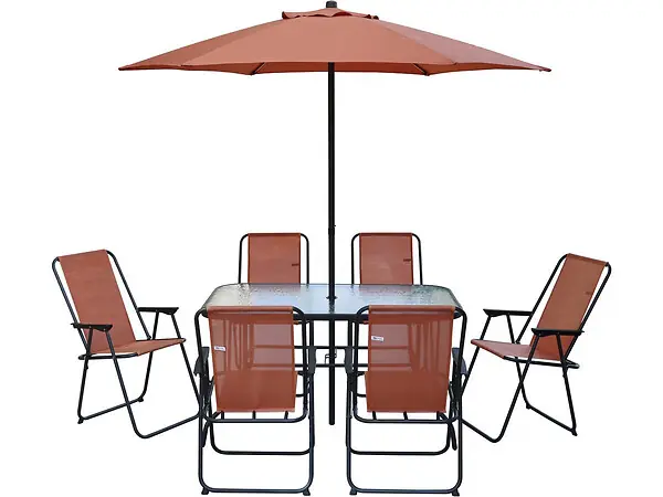 Table et chaises de jardin avec parasol en métal "Convivia" - 6 places - Terracotta Commander Maintenant
