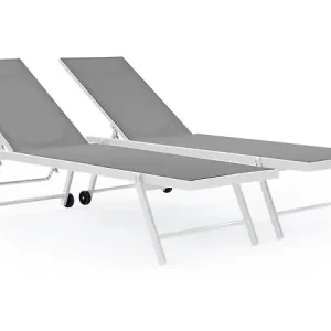 Prix Cassé Lot de 2 bains de soleil textilène aluminium "Jolia" - Gris / Blanc HABITAT ET JARDIN