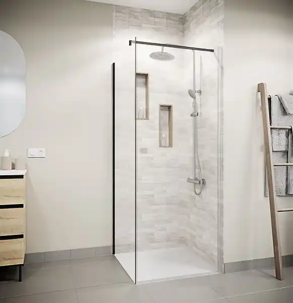 Pas Cher Retour pour Porte de Douche 80x195cm Verre Trempe 8mm Anticalcaire - Alu Noir - DARK ELEMENTARY AURLANE