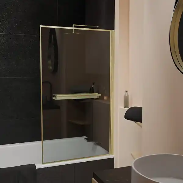 Pare baignoire Rabattable 75x130cm en Verre trempé - Porte-serviette et Etagère Or Doré Brossé AURLANE Acheter En Ligne