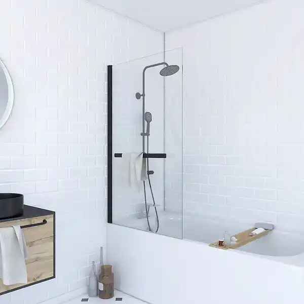 Pare baignoire Pivotant avec Porte-Serviette 85x150cm - Profilé Noir - Verre 6mm - TSHAPE DARK AURLANE Promotion