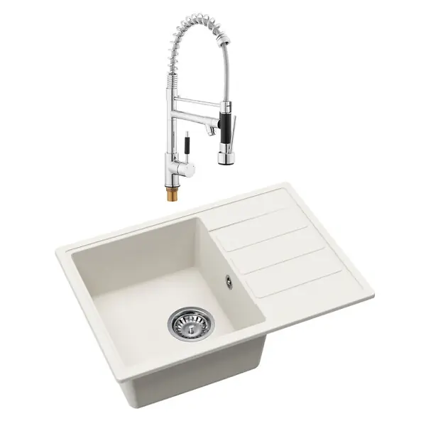 Swiss Aqua Technologies 62x44 cm évier avec égouttoir réversible en granite à encastrer + mitigeur à bras pivotant, 2 jets, blanc (SATSINKGE2W-SET2) Livraison Express