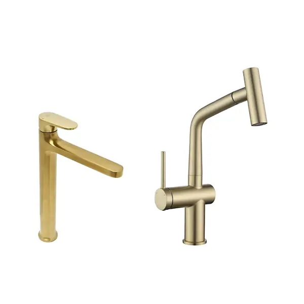 Affaire À Saisir Dark set mitigeur lavabo XL + mitigeur cuisine Ceramia Timeless acier inoxydable, douchette extractible, or (SATTMLDA1285BG) SWISS AQUA TECHNOLOGIES