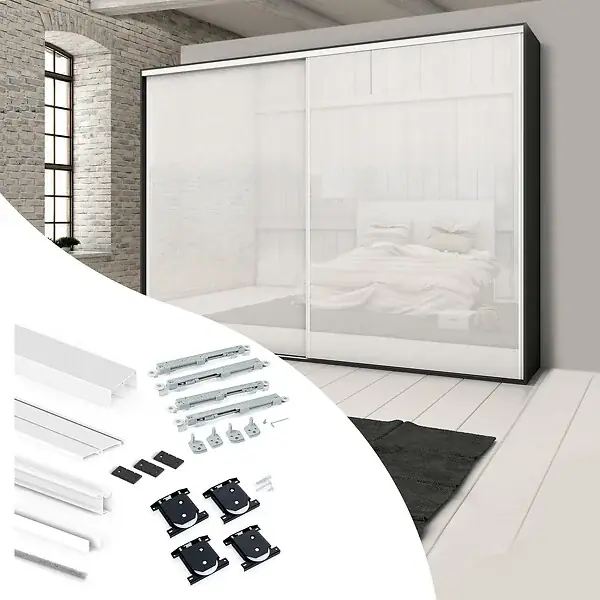 Kit de ferrures pour 2 portes coulissantes et armoire à fermeture souple Placard 74, profilé Wave, épaisseur 16mm, panneaux non inclus, Peint en blanc EMUCA Produit De Marque