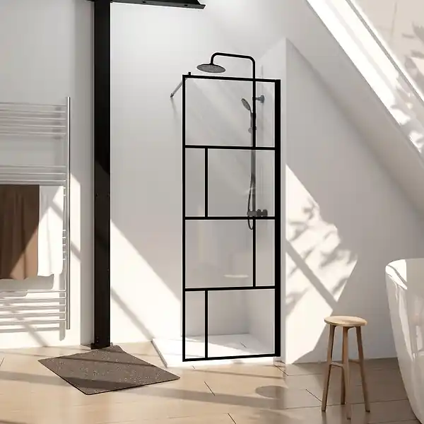 Bon Plan Paroi de Douche à l‘Italienne Serigraphie type Briques - 70x195cm - Profile Noir Mat - Verre 5mm AURLANE