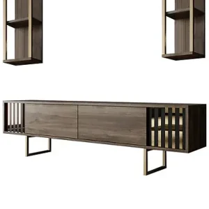 Meilleur Prix Meuble TV en bois "Gold Line" - 180 x 30 x 48 cm - NoyerNoir HABITAT ET JARDIN
