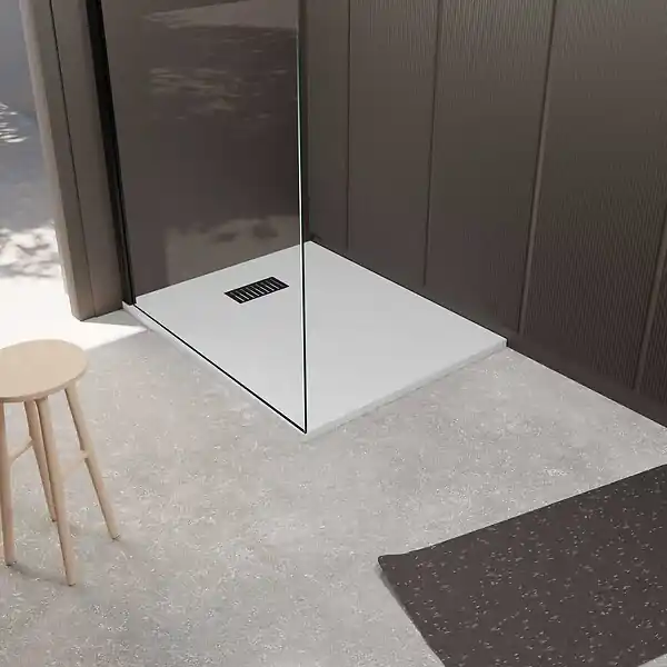 Receveur de douche Blanc Effet Pierre 90x120 cm et Grille décor Linéaire Noire Mate AURLANE Réduction