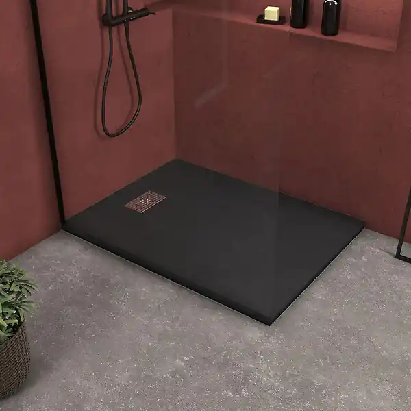 Meilleur Prix Receveur de douche Noir Effet Pierre 90x120 cm et Grille décor Perforée en Inox AURLANE