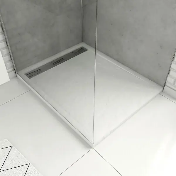 Receveur en acrylique Blanc Effet Pierre 80x100x4 cm - Grille Linéaire Chrome - MOON AURLANE Petit Prix