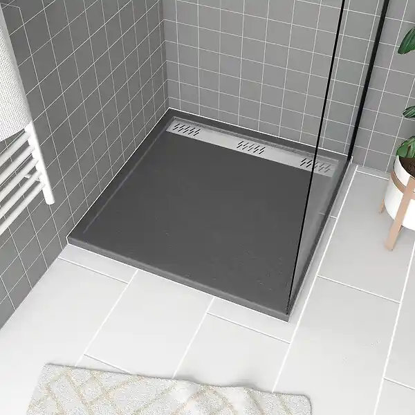 Top Vente Receveur en acrylique Gris Effet Pierre 90x90x4 cm - Grille Linéaire Chrome - METEORA AURLANE