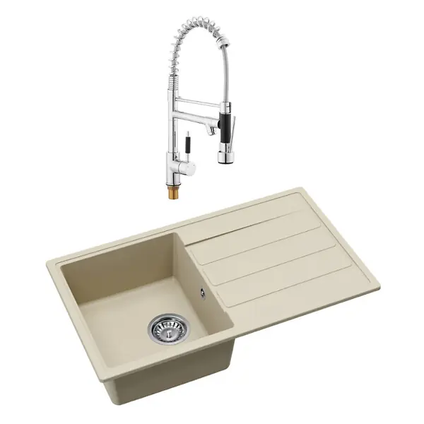 Swiss Aqua Technologies 76x44 cm évier avec égouttoir réversible en granite à encastrer + mitigeur bras pivotant 2 jets, jasmin (SATSINKGE3J-SET2) Top Vente
