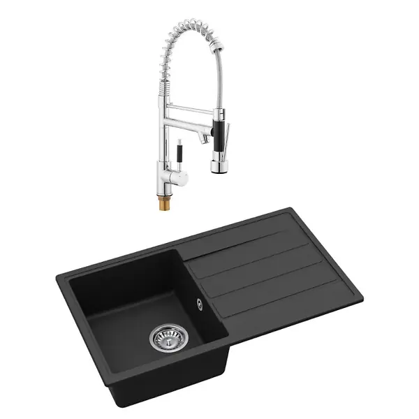 Commander Vite Swiss Aqua Technologies 76x44 cm évier avec égouttoir réversible en granite à encastrer + mitigeur à bras pivotant, 2 jets, noir mat (SATSINKGE3B-SET2)
