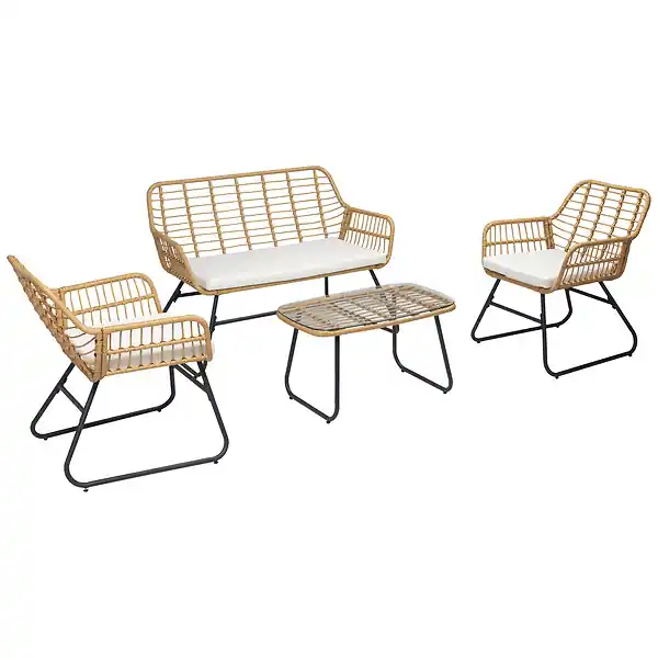 Nouveauté Salon de jardin TIGA en résine tressée 4 places - coussins crème HAPPY GARDEN