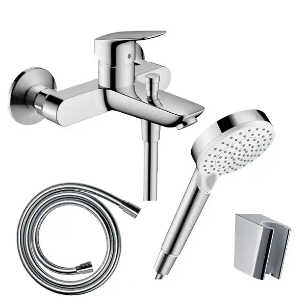 Super Prix Pack mitigeur bain mécanique mural Logis + Pommeau Crometta EcoSmart + Flexible Isiflex + Support Chromé HANSGROHE