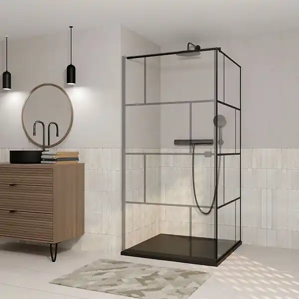 Commander Maintenant Paroi de retour Sérigraphie Briques 90x180 cm pour Porte de Douche DARK BLOCKS - Profilé Noir Mat AURLANE