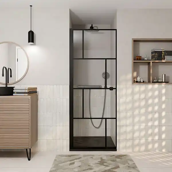 Porte de douche Pivotante Sérigraphie Briques 70x180 cm - Profilé Noir Mat AURLANE Paiement Sécurisé