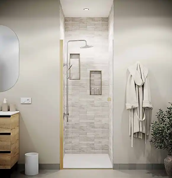 Porte de Douche Pivotante 70x180 cm en Verre Trempe 5 mm - Finition Or Brosse - GOLD ELEMENTARY AURLANE Top Vente