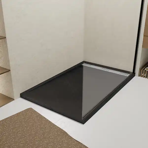 Receveur en acrylique Noir Effet Pierre 80x120x4 cm - Grille Linéaire Chrome - METEORA AURLANE Offre Spéciale