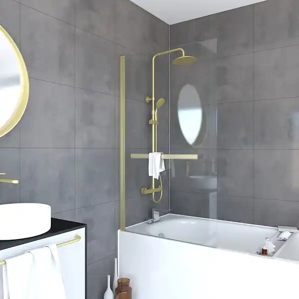 Pare baignoire Pivotant avec Porte-Serviette 85x150cm - Or Doré Brossé - Verre 6mm - TSHAPE GOLDY AURLANE Offre Exclusive